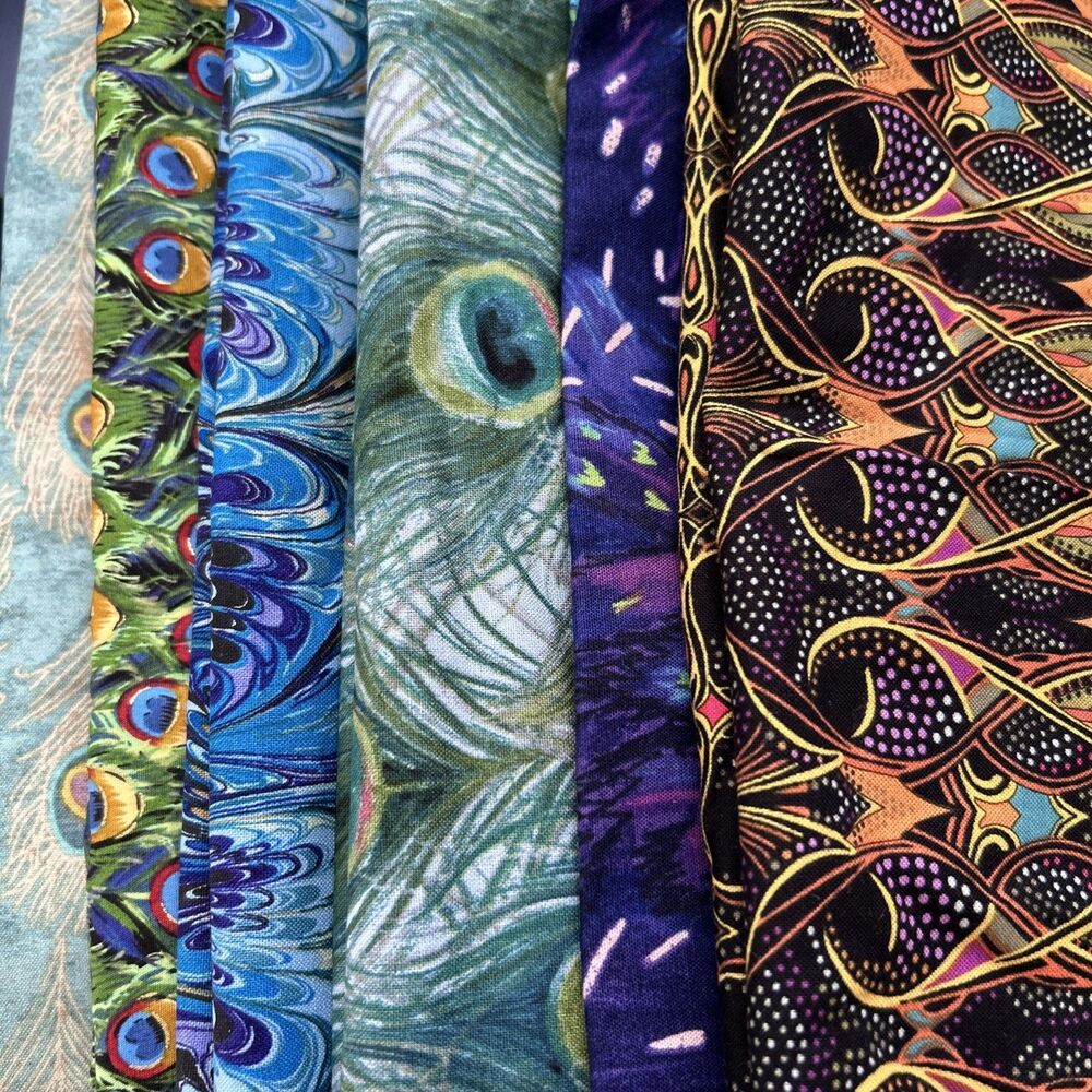 Colorful Cotton Quilting Fabric Textile Art Lisa Audit Peacock Print Lot 6 Pc